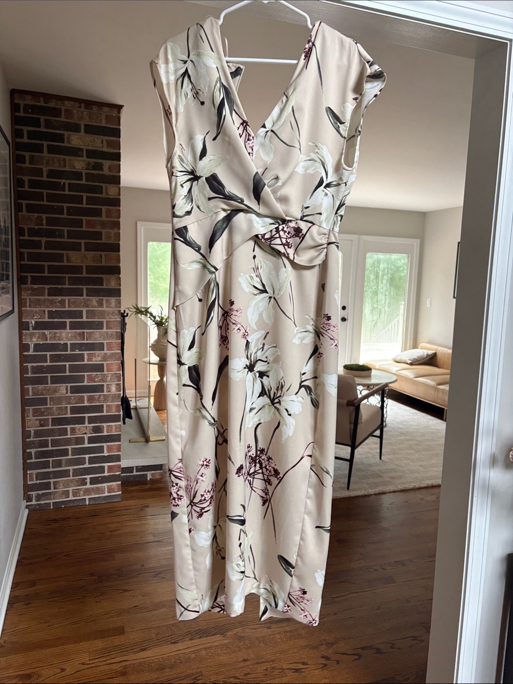 Zara Beige Floral Midi Dress with V-Neck